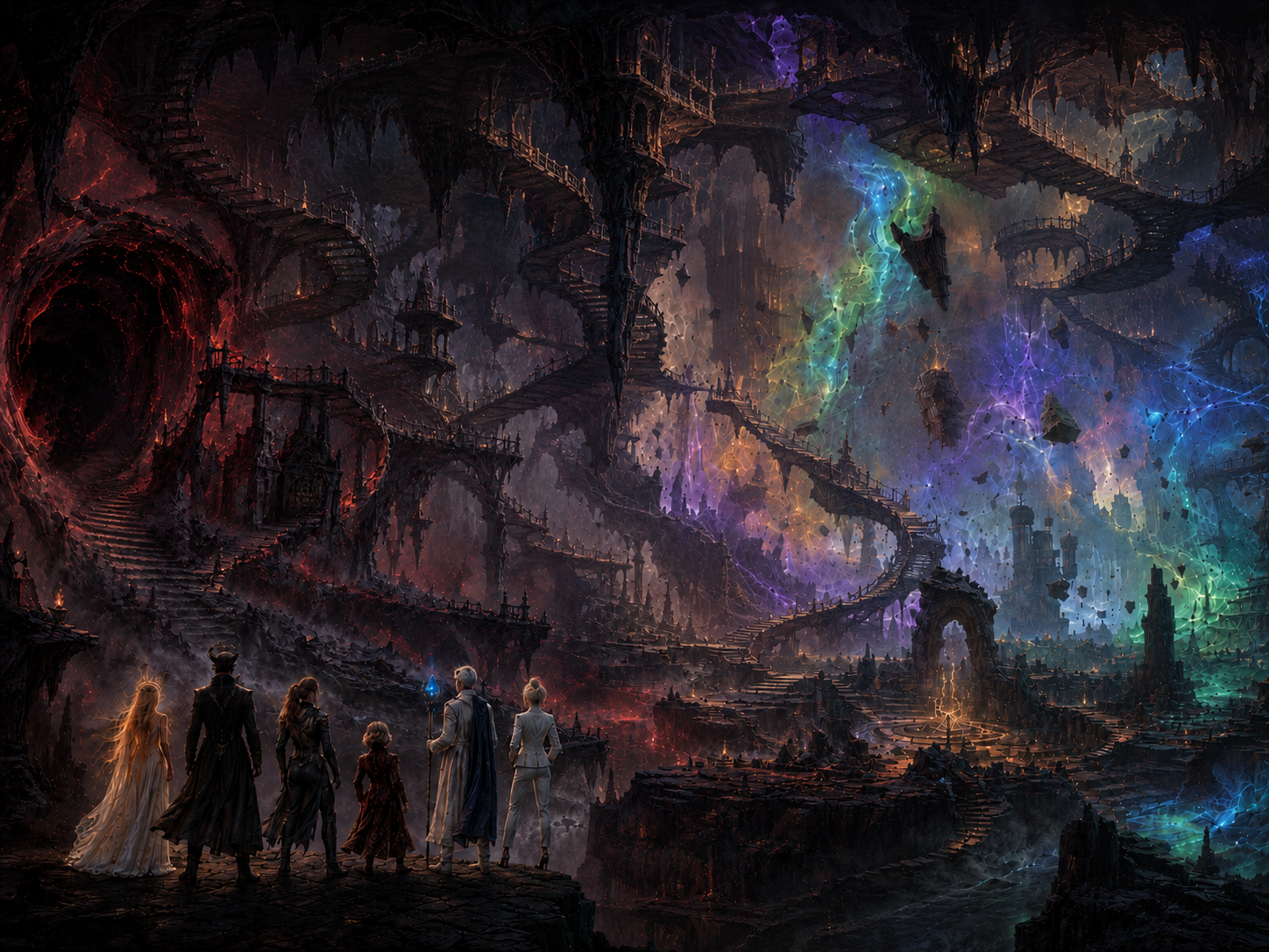 The party overlooking the bleed-zone of inverted stairs and warring planes